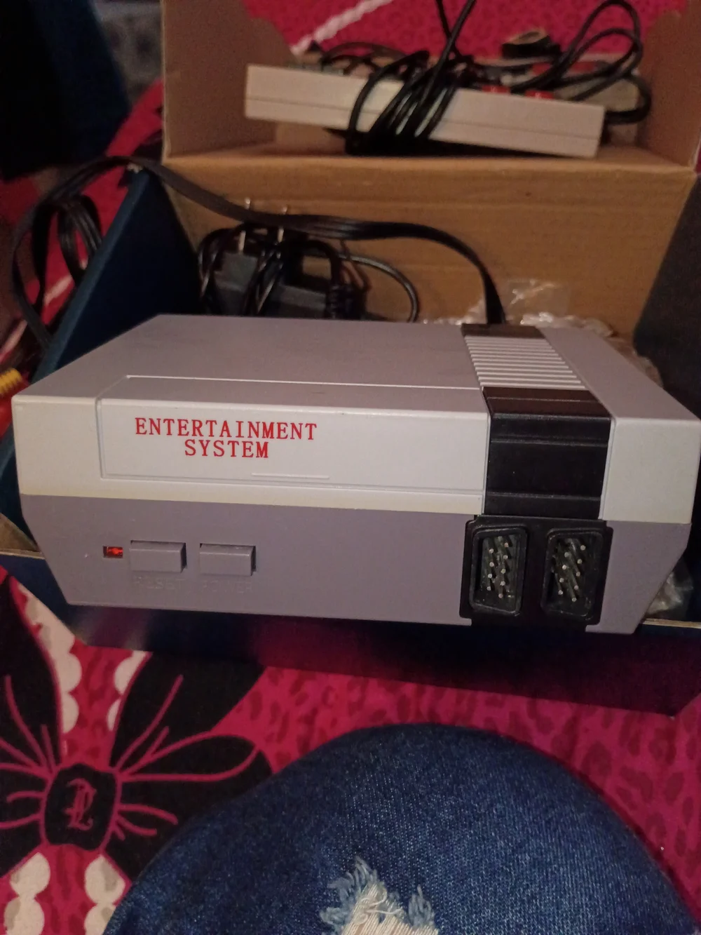 Gray Entertainment System Console with Wired Controllers